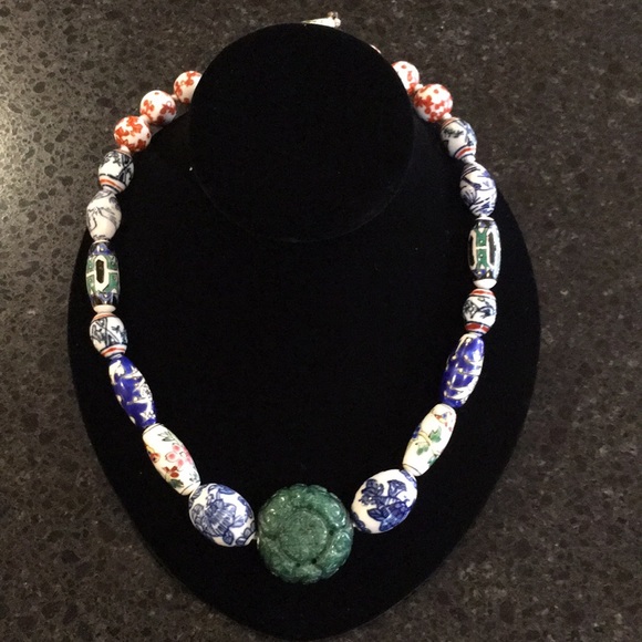Vintage Caved Jade & Ceramic Painted Bead Necklace - Picture 2 of 16